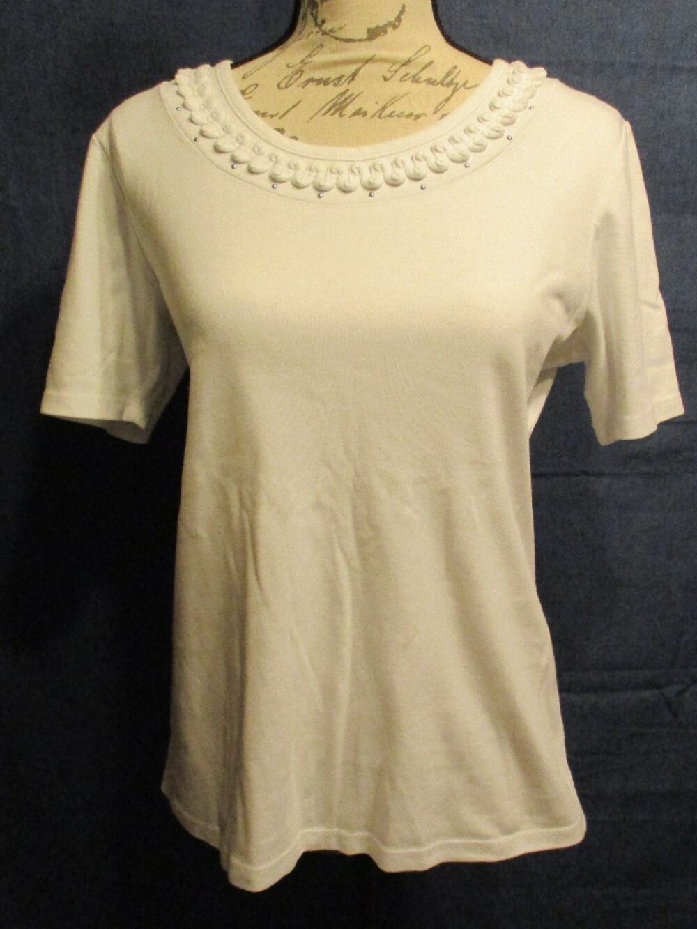 Alison Daley White Short Sleeved T Shirt with Embellished Neckline  Sz. PM/M